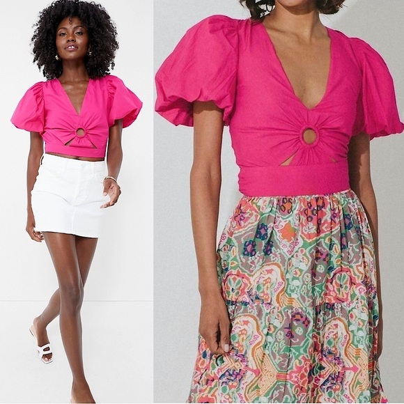 CLEOBELLA Pink Organic Cotton Puff Short Sleeve V-Neck Keyhole Cutout Crop Top M - Picture 3 of 12